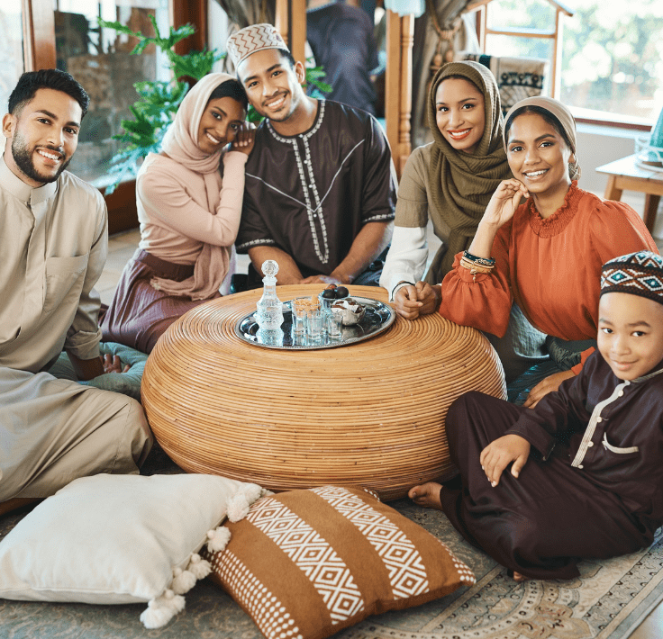 Muslim community gathered together representing Islam, faith and community life